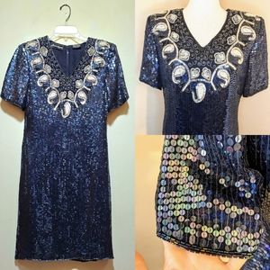 Vintage Silk Sequinned Blue Iridescent Cocktail Dress